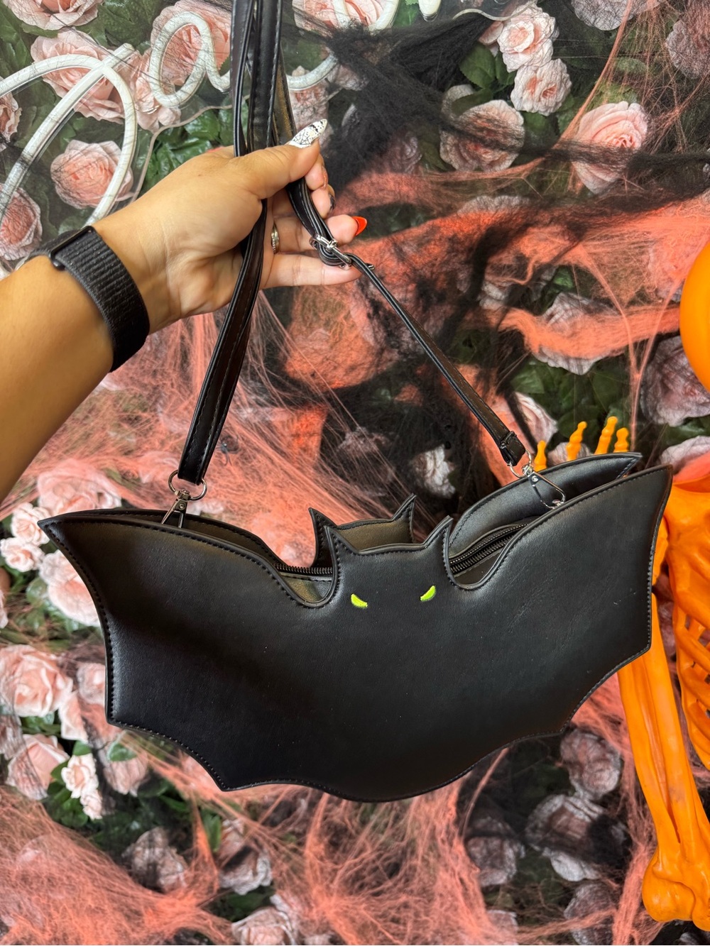 Black Bat-Shaped Shoulder Bag with Neon Eyes